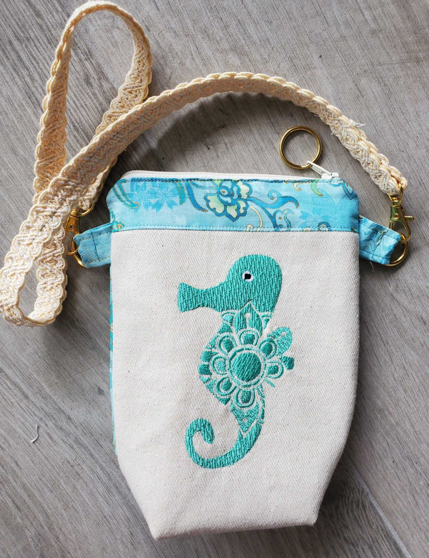 embroidered-seahorse-zentangle-phone-bag-Jen's bags-artist Jennifer-Wheatley-Wolf